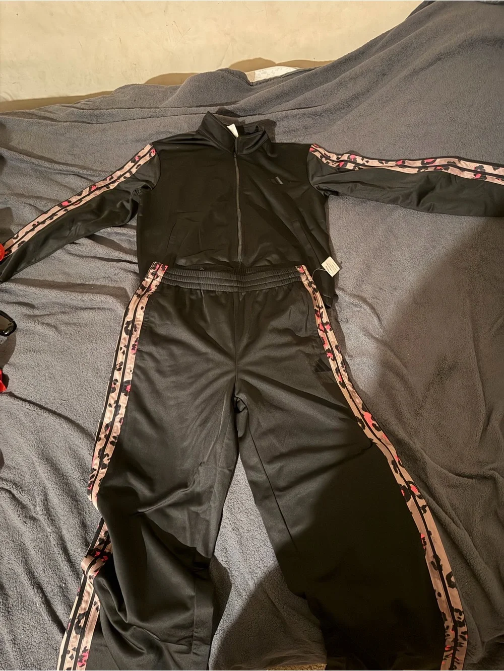 Girls adidas Black Track Pants & Jacket Set with Pink Camo Side Stripes